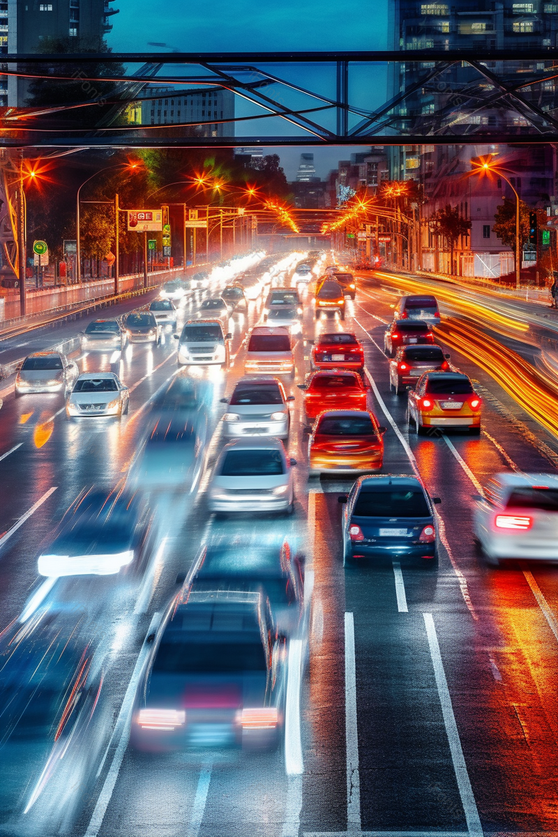 夜晚时分的现代化城市公路马路道路上行驶中的汽车车水马龙车灯路灯霓虹灯亮着图像摄影,高清,摄影图,摄影图片,图片大全,摄影图免费下载